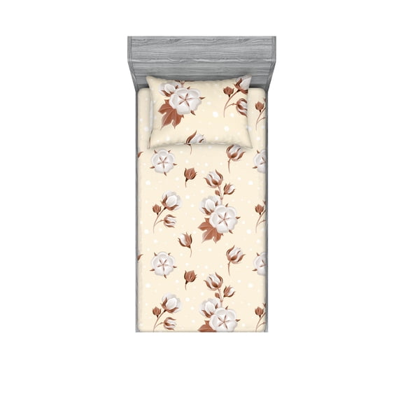 Pastel Flowers Fitted Sheet & Pillow Sham Set, Vintage Style Simple Design Floral Pattern on Minimal Polka Dots, Decorative Printed 2 Piece Bedding Decor, Twin, Cream and Pale Redwood, by Ambesonne