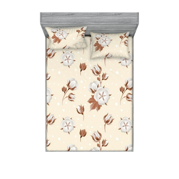 Pastel Flowers Fitted Sheet & Pillow Sham Set, Vintage Style Simple Design Floral Pattern on Minimal Polka Dots, Decorative Printed 3 Piece Bedding Decor, King, Cream and Pale Redwood, by Ambesonne