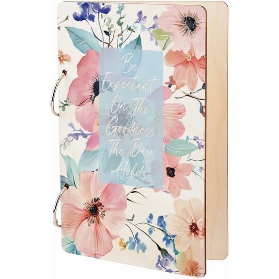 Pastel Flowers Greeting Card Organizer Planning Book Binder Keeper Flowers Card Holder Wooden Loose Leaf Photo Album 2-Rings Cover Keepsake for Birthday Wedding Gifts