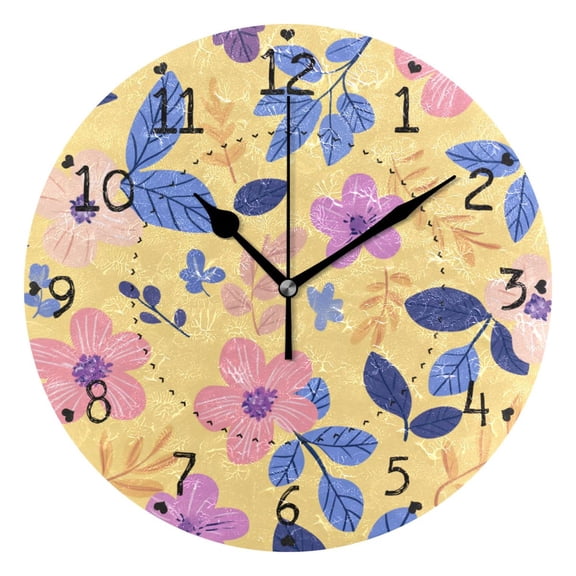 Pastel Flowers Leaves Spring Round Wall Clock Silent Analog Battery Operated Black Pointer Home Decor 9.84" Diameter