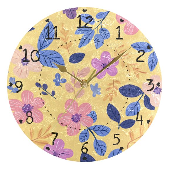 Pastel Flowers Leaves Spring Round Wall Clock Silent Analog Battery Operated Gold Pointer Home Decor 9.84" Diameter