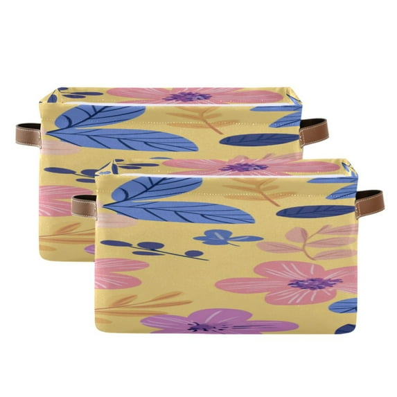 Pastel Flowers Leaves Spring Square Storage Bins with Handles Collapsible Containing Box 2 Packs