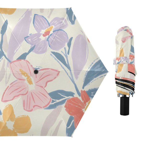Pastel Flowers and Leaf Compact Sun Umbrella Windproof Travel Umbrellas for Rain Strong Portable UV Protection