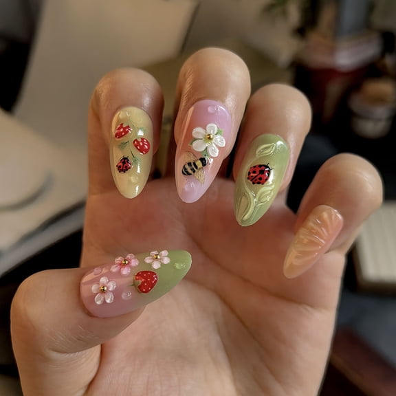 Pastel Forest Insect Press on Nails Medium Almond Fake Nails with Strawberry Bee Ladybug Floral Designs Glossy Full Cover Adhesive Press Ons Acrylic False Nails Nail Tips for Women Girls 24 Pcs