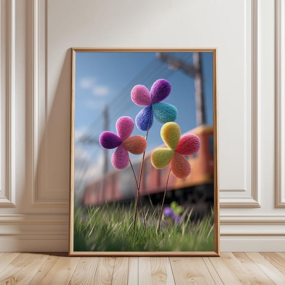 Pastel Fuzzy Flowers Spring Scene Wall Art Print Whimsical Nursery Decor, Unframed Paper Print