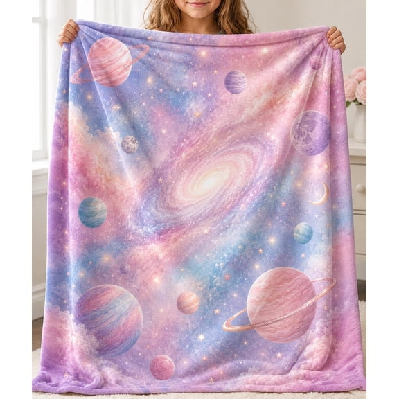 Pastel Galaxy Pink Space Celestial Planet Velveteen Throw Blanket