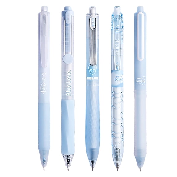 Pastel Gel Ink Pen Set, 5 Pack 0.5mm Fine Point Pens, Retractable Black Ink Pens, Smooth Writing Quick Dry Pens, Aesthetic Blue Series Writing Pens for Office Note Taking Journaling