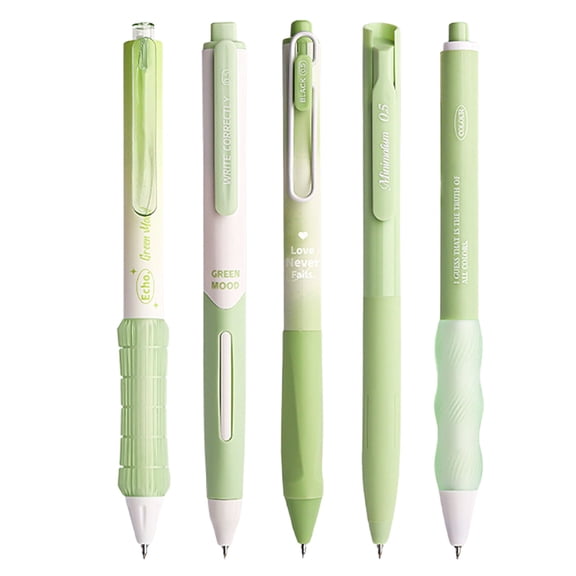 Pastel Gel Ink Pen Set, 5 Pack 0.5mm Fine Point Pens, Retractable Black Ink Pens, Smooth Writing Quick Dry Pens, Aesthetic Green Series Writing Pens for Office Note Taking Journaling
