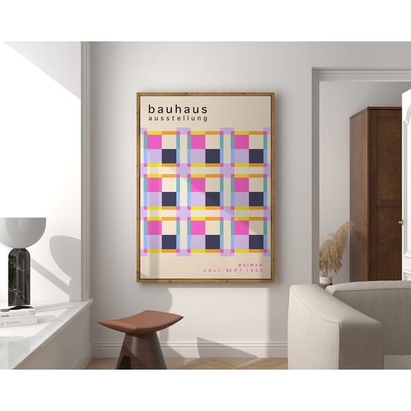 Pastel Geometric Grid Bauhaus Poster, Pink Squares Mid Century Wall Art Print