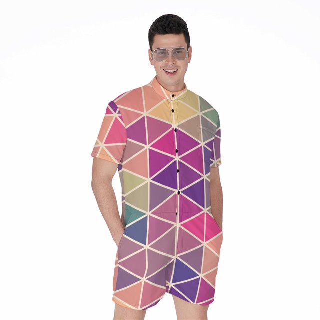 Pastel Geometric Shape Pattern Short Sleeve Men'S Rompers Casual Summer Jumpsuits Outfit