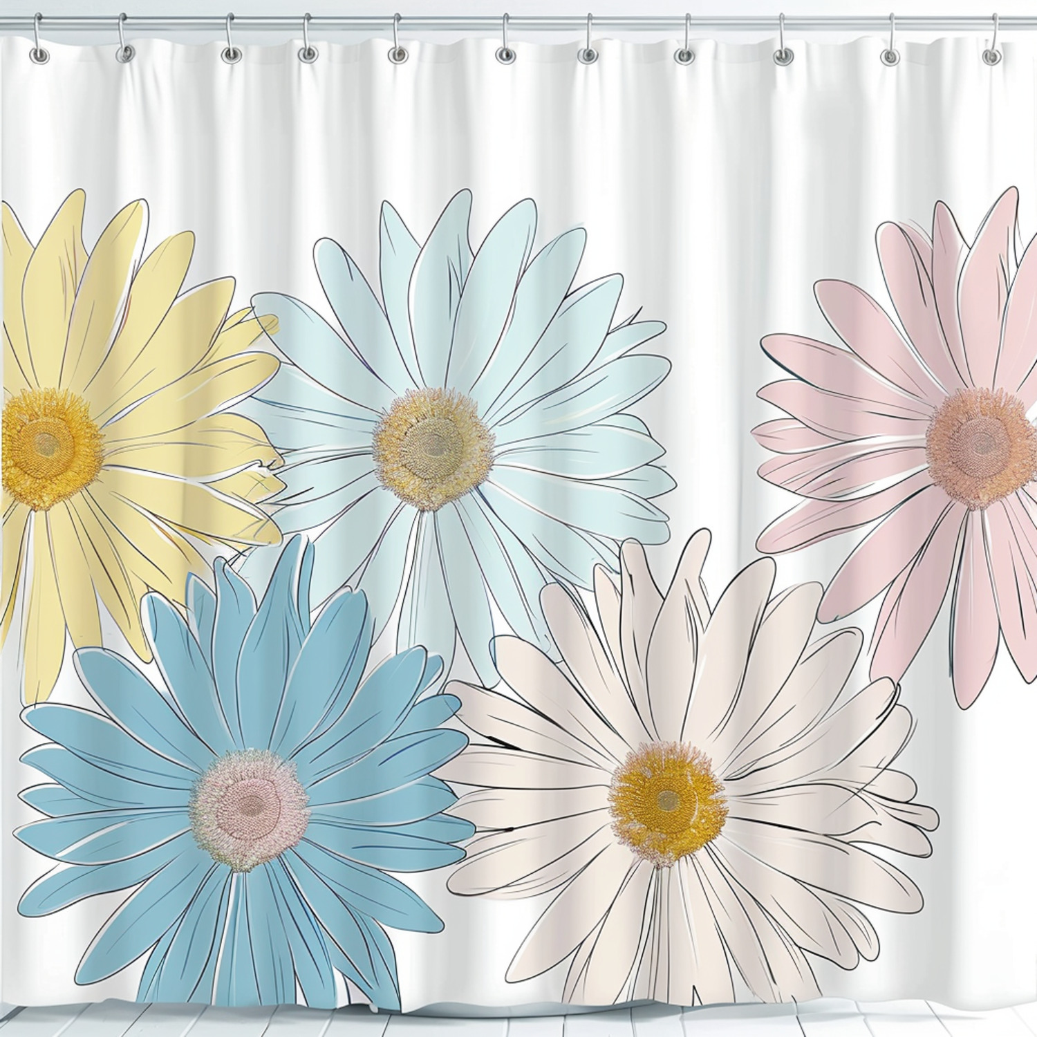 Pastel Gerbera Daisy Shower Curtain HandDrawn Design White Background
