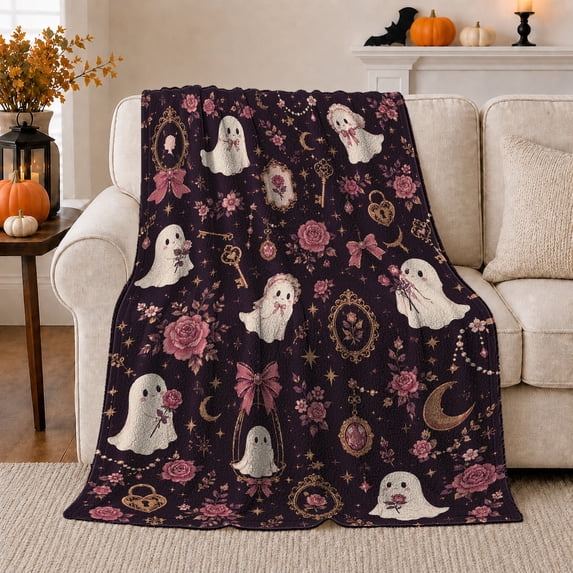 Pastel Ghosts Pink Roses Plum Background Whimsical Romantic, Playful Halloween Scene, Warm Flannel Blanket for Living Room and Reading Nook, Art Lovers Halloween Gift, Playful Home Decor