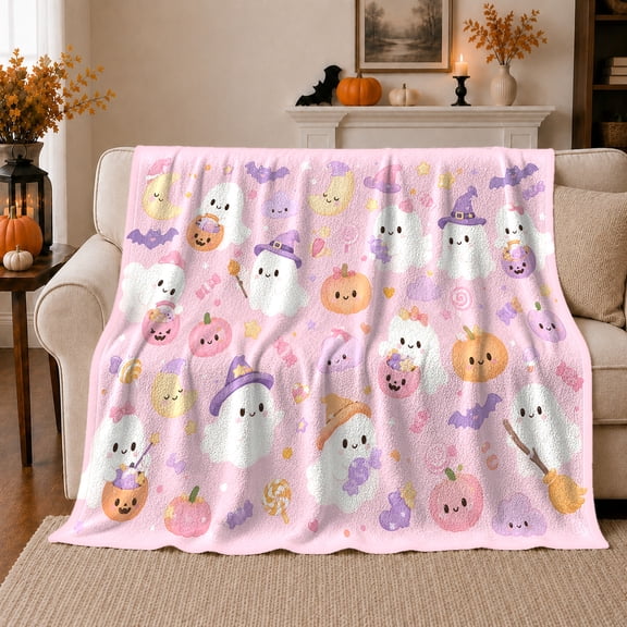 Pastel Ghosts With Witch Hats And Pumpkin Buckets, Cozy Flannel Blanket for Halloween Art Enthusiasts, Cute Pastel Cartoon Pattern Home Decor for Living Room and Bedroom, Halloween Gift