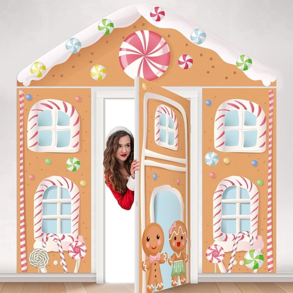 Pastel Gingerbread House Door Decor Set 4 Pcs Polyester Christmas Backdrop