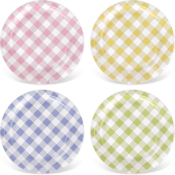 Pastel Gingham Paper Plates Easter Plaid Disposable Plates Spring Pink Yellow Purple Green Checkered Decorative Tableware for Party Supplies