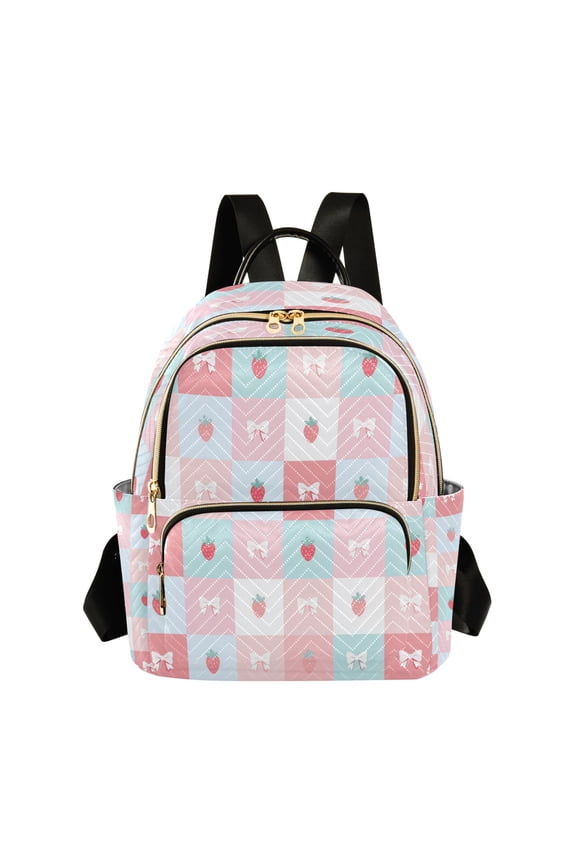 Pastel Gingham Pattern with Strawberries Bows Quilted Backpack Fashion Daypack Commuter Bag for Women 14 L