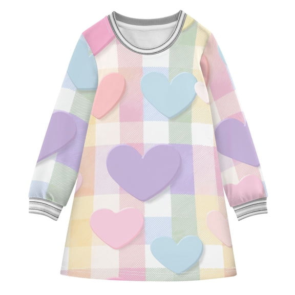 Pastel Gingham with Heart Pattern Valentine Long-sleeved Dress A-line One-Piece Dress for 2-8 Years Casual Party 7-8Y