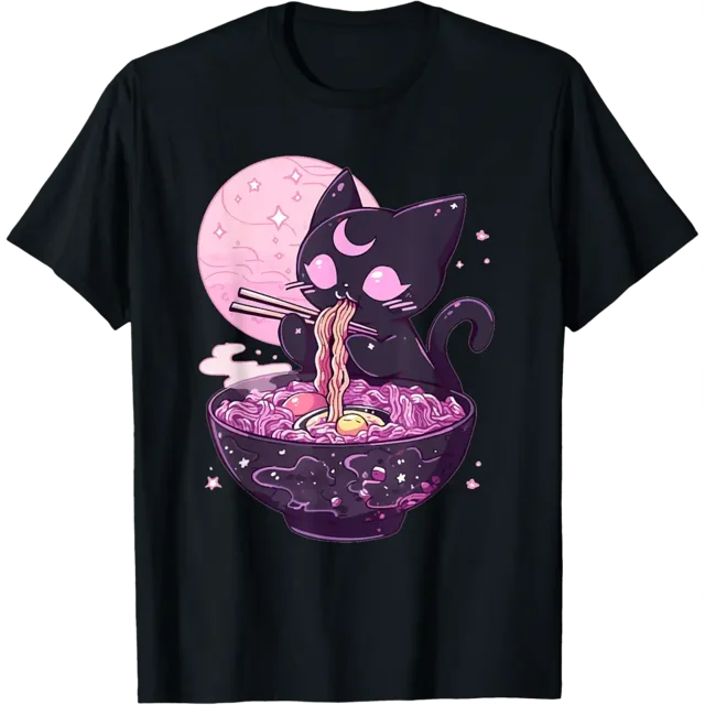 Pastel Goth Aesthetic Kawaii Creepy Cat Eating Ramen Noodles T-shirt 