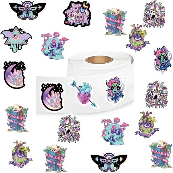 Pastel Goth B Style Stickers (500 pcs), 10 Sheets Graphic Horror Cartoon Decal Roll Self Adhesive Seals for Birthday Party Decoration Water Bottle Laptop Scrapbook Cards Envelope