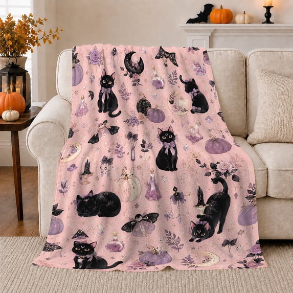 Pastel Goth Black Cat Pumpkin autumn celebration Pattern, Playful Pet Portrait Pattern, Warm Flannel Blanket for Living Room and Bedroom, Cat Lovers autumn celebration Gift, Pet Lover Home Decor