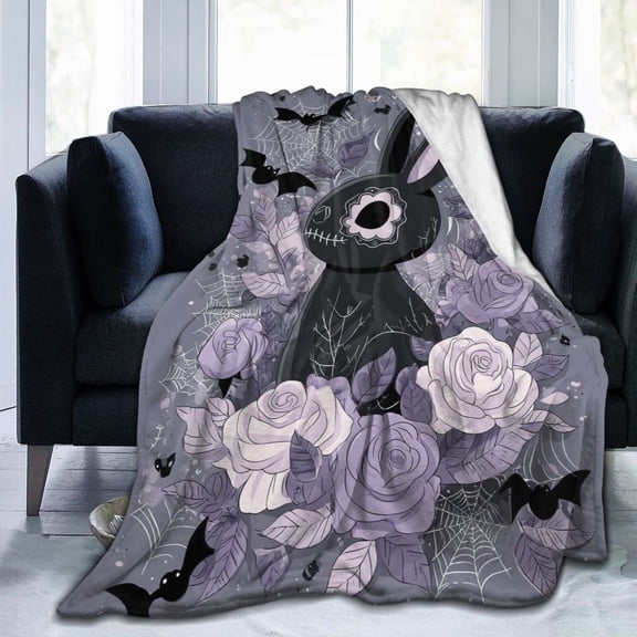 Pastel Goth Bunny Blanket, Spooky Cute Skeleton Art,Soft Flannel Fleece for Edgy Home & Halloween Decor 50x40