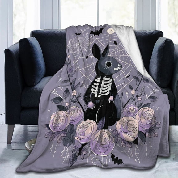 Pastel Goth Bunny Blanket, Spooky Cute Skeleton Art,Soft Flannel Fleece for Edgy Home & Halloween Decor 50x40