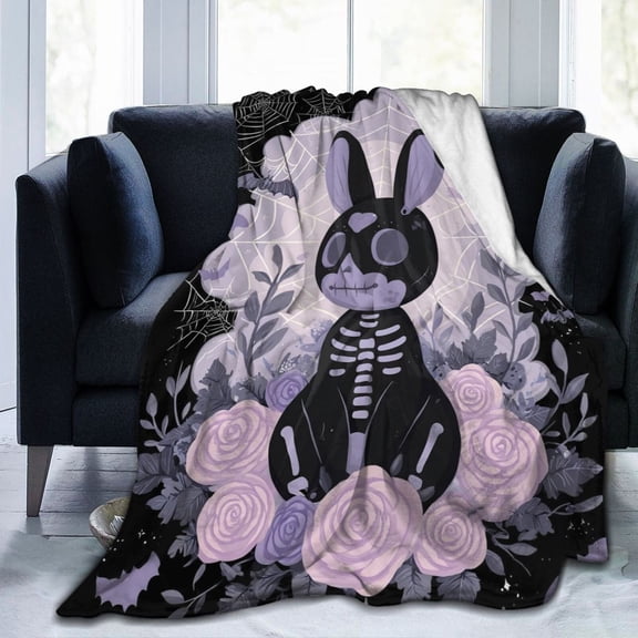Pastel Goth Bunny Blanket, Spooky Cute Skeleton Art,Soft Flannel Fleece for Edgy Home & Halloween Decor 50x40