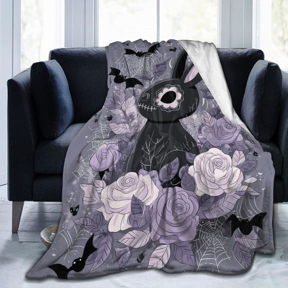 Pastel Goth Bunny Blanket, Spooky Cute Skeleton Art,Soft Flannel Fleece for Edgy Home & Halloween Decor 80x60