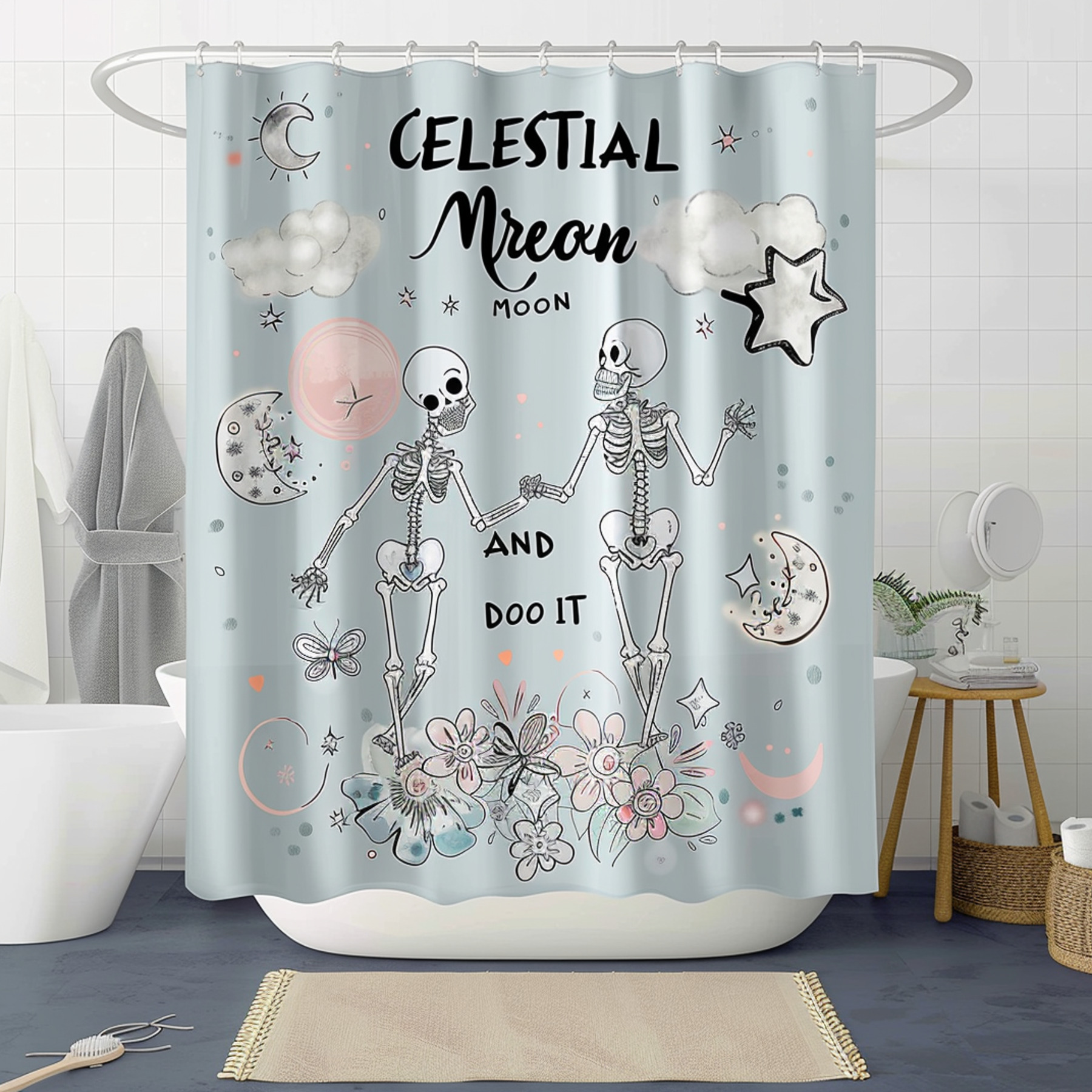 Pastel Goth Celestial Moon Bathroom Decor Set Skeleton Couple Butterflies Good Vibes Vintage