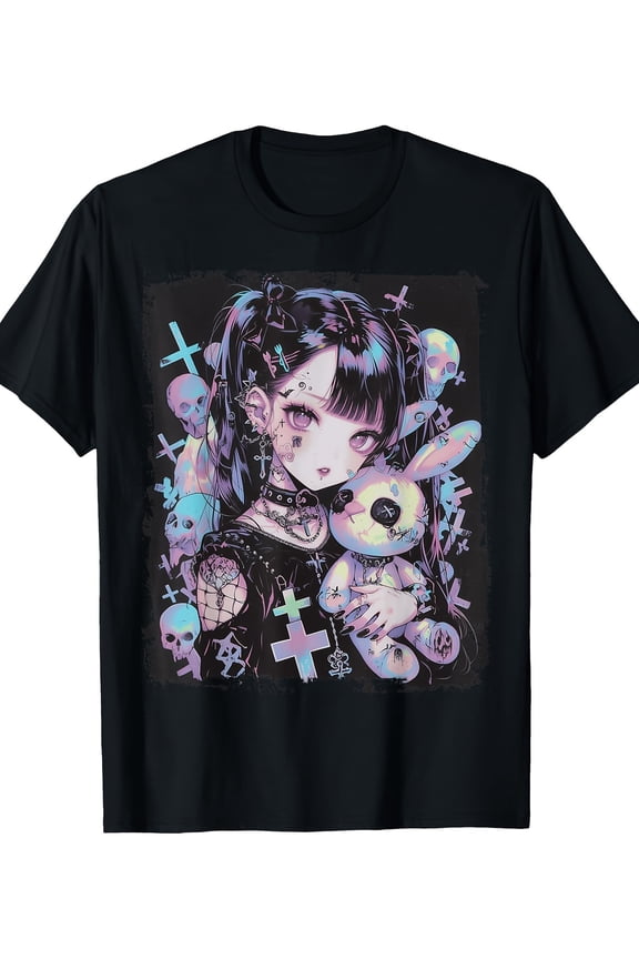 Pastel Goth Cute Anime Girl Skull Graphic Vintage Grunge Y2k Cotton Men's Women's Unisex T-Shirt