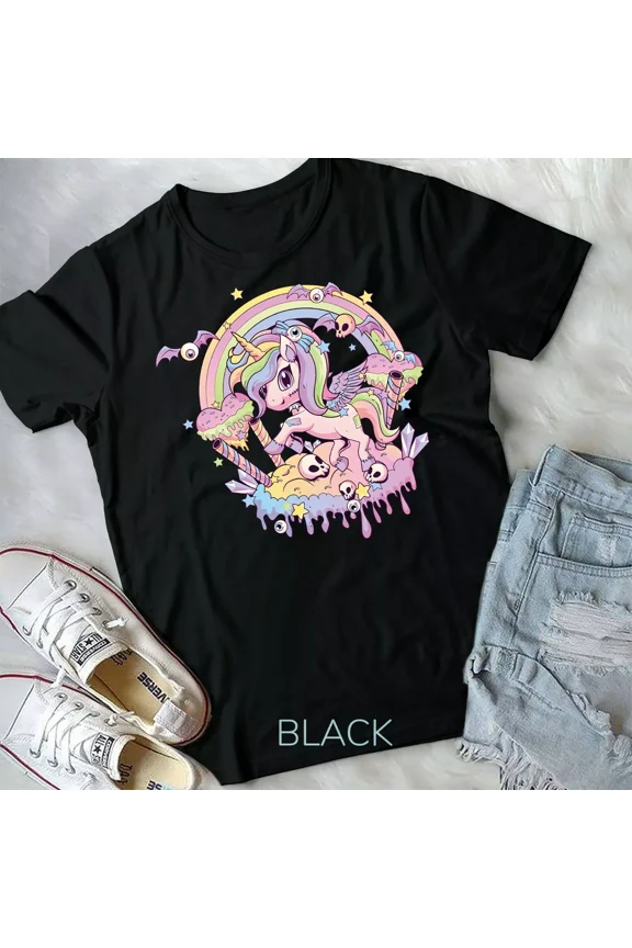 Pastel Goth Cute Creepy Unicorn And Gothic Kawaii Menhera Graphic Design Print Unisex T-Shirt Y0615, Up to Size 5XL