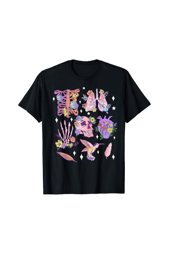 Pastel Goth Floral Morbid Anatomy Witchy Ribcage, Heart T Shirt