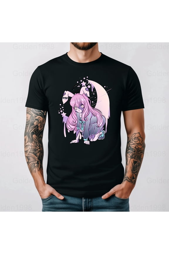 Pastel Goth Half Moon With Sad Anime Girl Graphic In Soft Aesthetic Graphic,for men & women up to 5XL