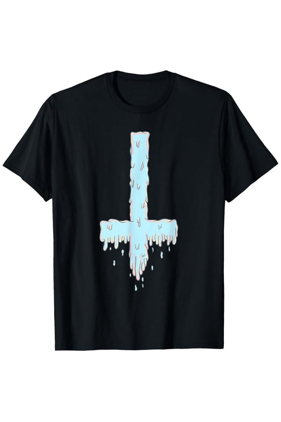 Pastel Goth Inverted Cross T-Shirt - Black with Pastel Dripping Print, Unisex 100% Cotton Relaxed Fit Tee, Slight Stretch & Elastic Comfort, All-Season Casual Wear (Sizes S-XXXL)