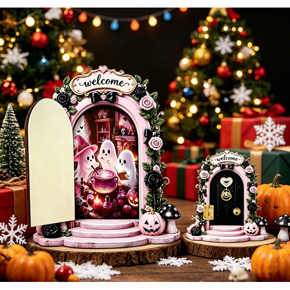 Pastel Gothic Desktop Ornament Mini Dollhouse Door Resin Decor Cute Ghost Pumpkin Holiday Figurine Autumn Fall Seasonal Party Tabletop Display Indoor Collector Decorative Sculpture