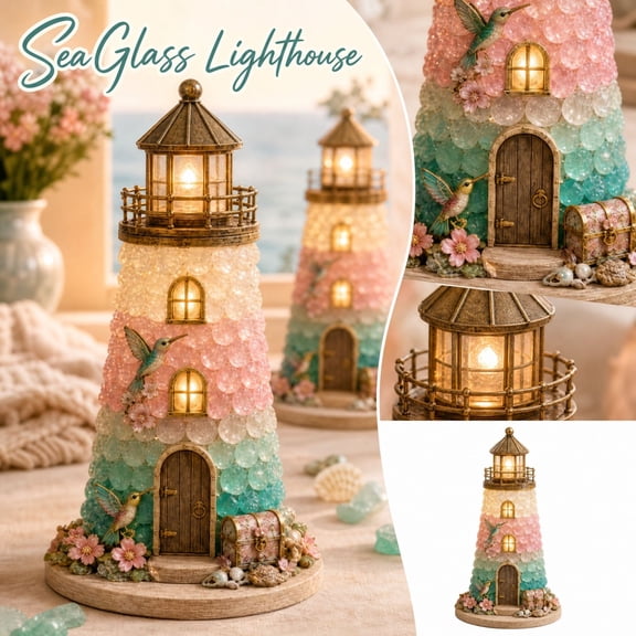 Pastel Gradient Gemstone Lighthouse Table Lamp, Floral Hummingbird Lighthouse LED Night Light, Nautical Desktop Decor Ornament