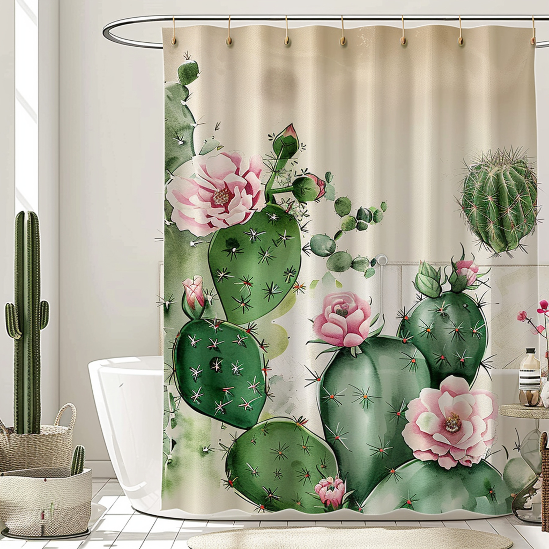 Pastel Green Cactus and Pink Flower Shower Curtain with Beige
