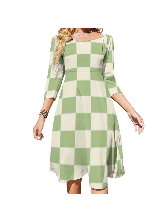 Pastel Green Checkered Pattern Flare Dress Square Neck Dress Elegant Female Fashion Printed Dress