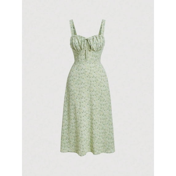 Pastel Green Ditsy Floral Tie Front Ruched Bust Midi Cami Dress For Women