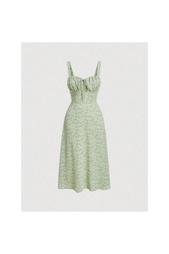 Pastel Green Ditsy Floral Tie Front Ruched Bust Midi Cami Dress For Women