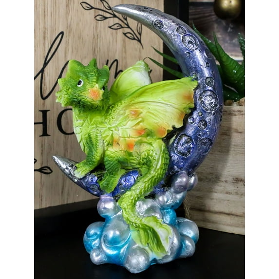 Pastel Green Dream Baby Dragon Wyrmling Sitting On Purple Crescent Moon Figurine