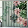thumbnail image 1 of Pastel Green Shower Curtain with Succulents and Roses Floral Bathroom Decor Pink Cacti Design WaterResistant Fabric, 1 of 5