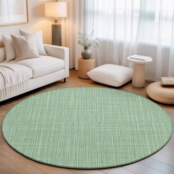 Pastel Green Solid 7' Round Rug for Living Room Conversation Area, Minimalist Cloth Green Linen Texture Rustic Washable Non Slip Large Circle Area Rug