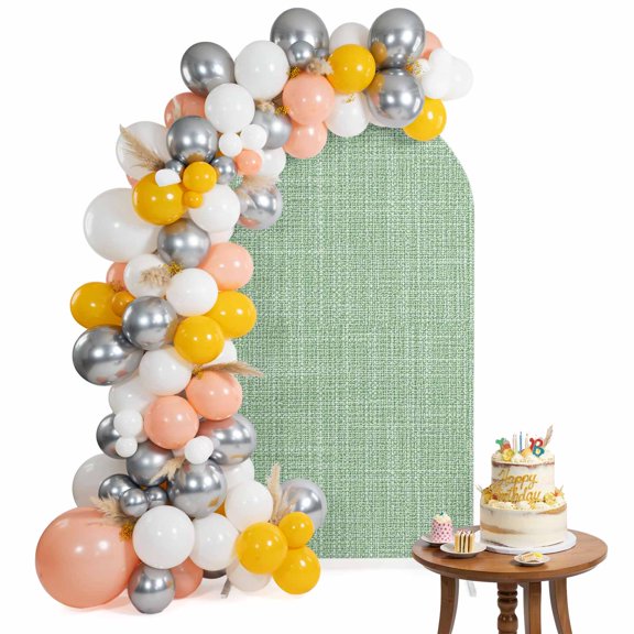 Pastel Green Solid Arch Backdrop Cover 4FT Minimalist Cloth Green Linen Texture Rustic Spandex Fitted Arch Covers Stretchy Backdrop Decoration for Wedding Birthday Graduation Party