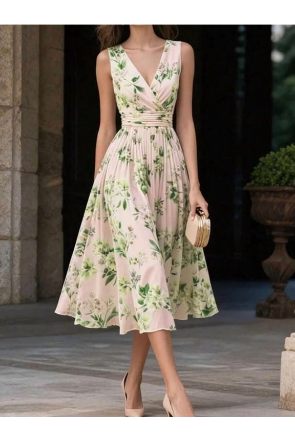 Pastel Green Vintage Floral Chiffon Midi Dress, Sleeveless V-Neck A-Line Flared Hem For Women Summer
