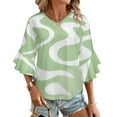 thumbnail image 1 of Pastel Green Wavy Abstract Art Women's V-Neck Blouse With 3/4 Ruffled Bell Sleeves Casual Top Ladies Blouses, 1 of 7