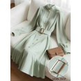thumbnail image 1 of Pastel Green Womens Elegant High Neck Pleated Front A-Line Midi Dress With Belt, 1 of 8