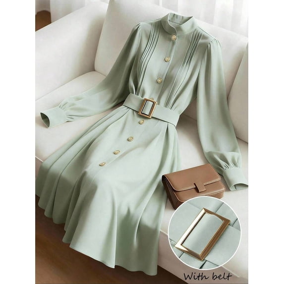 Pastel Green Womens Elegant High Neck Pleated Front A-Line Midi Dress With Belt