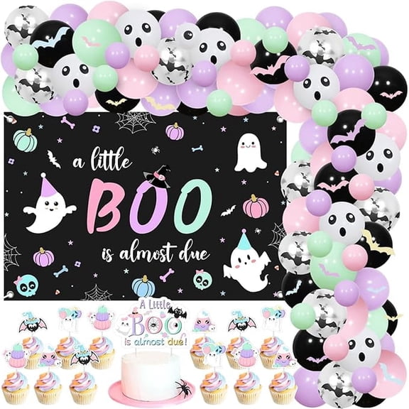 Pastel Halloween Baby Shower Decorations Girl, A Little Boo is Almost Due Backdrop Cake Decorations Pastel Balloon Garland Arch Kit and Bat Wall Stickers for Halloween Theme Party Supplies