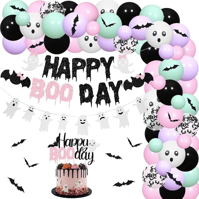 Pastel Halloween Birthday Decorations Happy Boo Day Balloon Garland Arch Kit for Girls Halloween Spooky Party Supplies